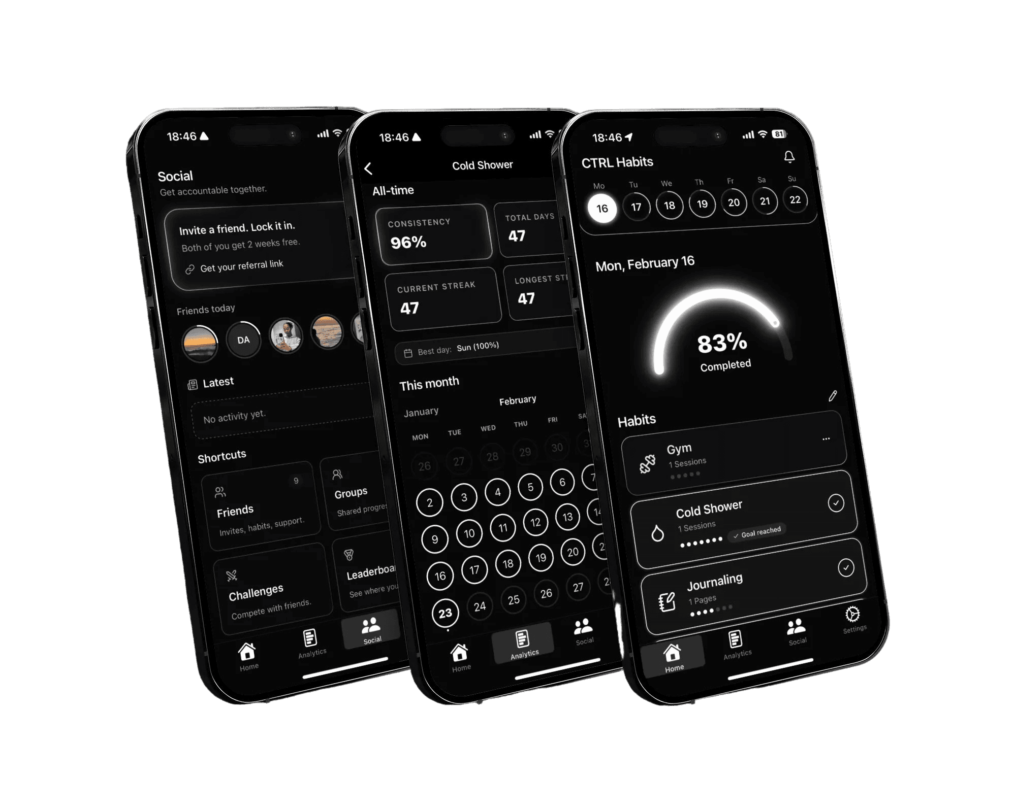CTRL Habits app screens for habits, stats, and social accountability